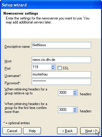 Setup wizard: News server settings