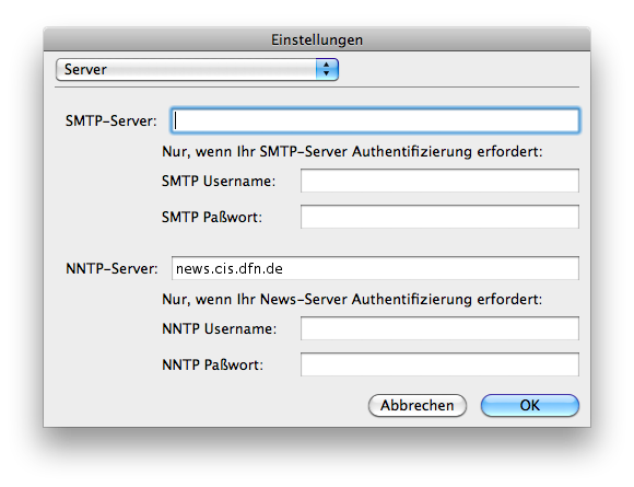 Einstellungen Server - Eingabe des Newsservers und der Nutzerdaten