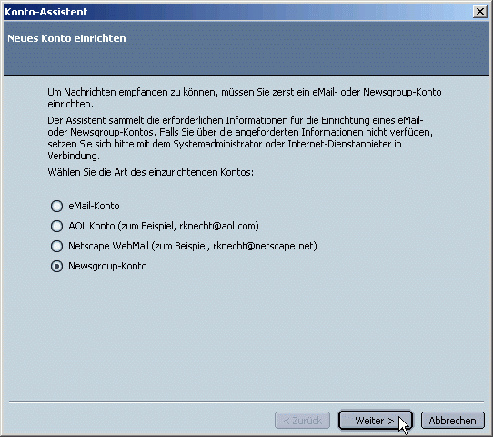 Auswahl: Newsgruppenkonto - Weiter
