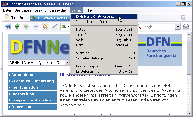 Auswahl: Extras - E-Mail und Chat-Konten
