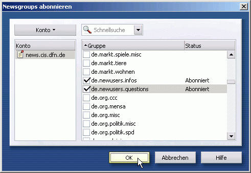 Auswahl zu abonnierender Newsgruppen