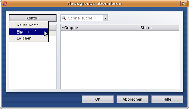 Newsgroups abonnieren: Konto - Eigenschaften