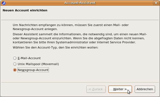 Account-Assistent: Neuen Account einrichten