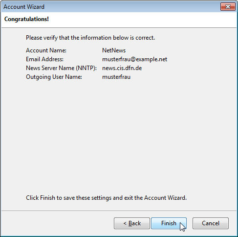 Account wizard: Final dialog