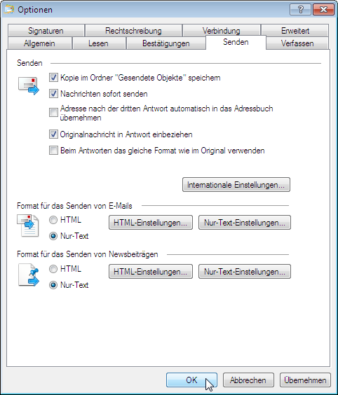 Registerkarte Senden